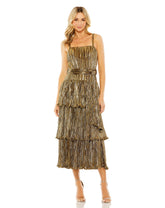 A Line Pleated Metallic Tea Length Cocktail Dress Pleated Metallic Tea Length Mac Duggal 27062