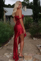 Daenerys Off Shoulder Satin Maxi Dress - Burgundy