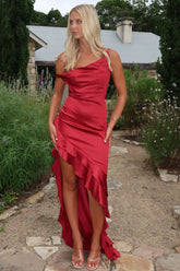 Daenerys Off Shoulder Satin Maxi Dress - Burgundy