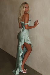 Daenerys Off Shoulder Satin Maxi Dress - Sage