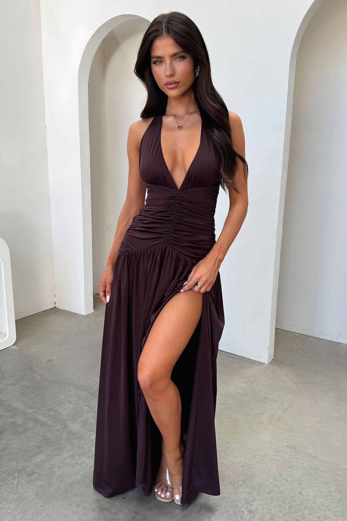 Ginevra Ruched Halter Maxi Dress - Brown